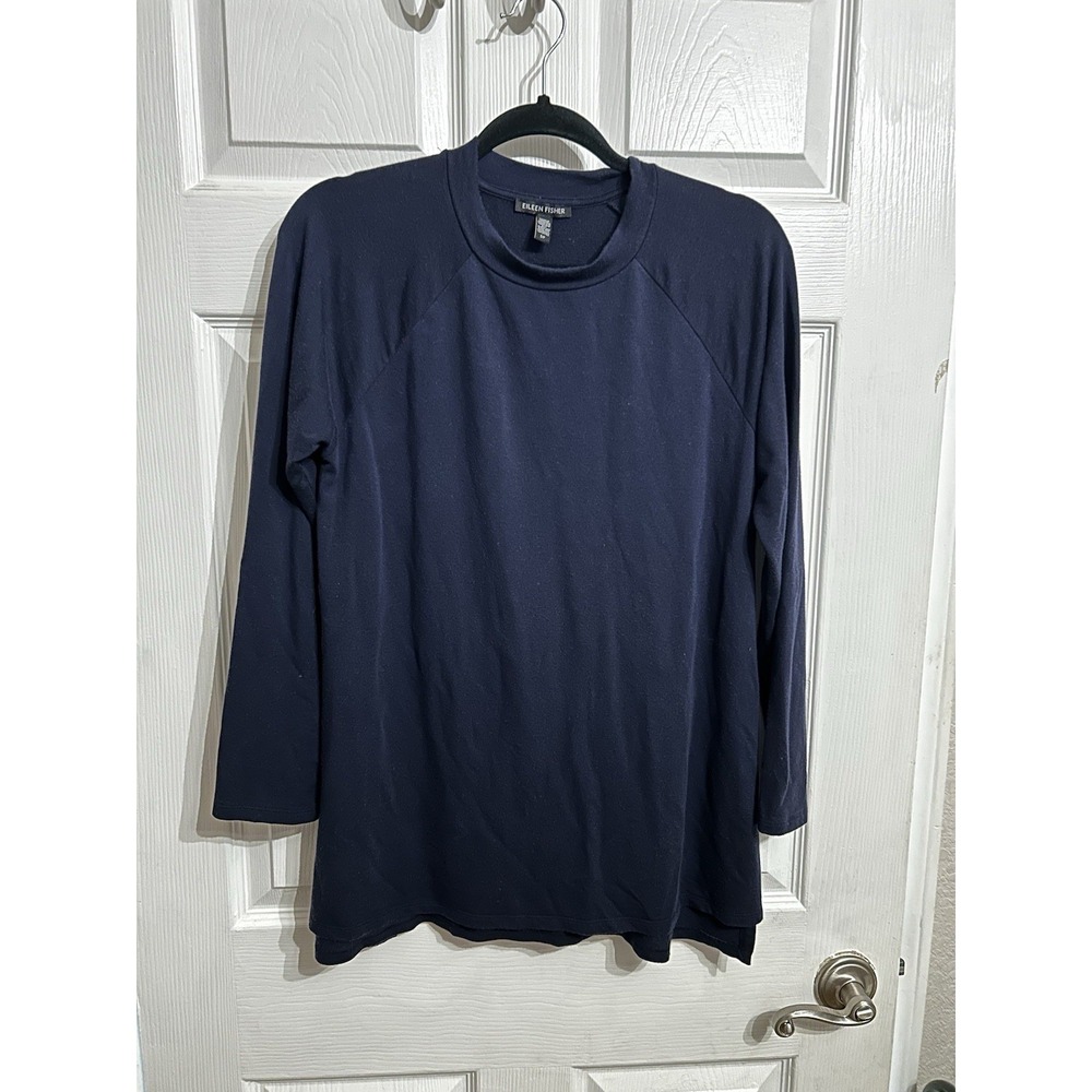 Elieen Fisher Small Navy Blue Longโ Sleeve Tunic Shirt Top Side Tencel Cozy Soft